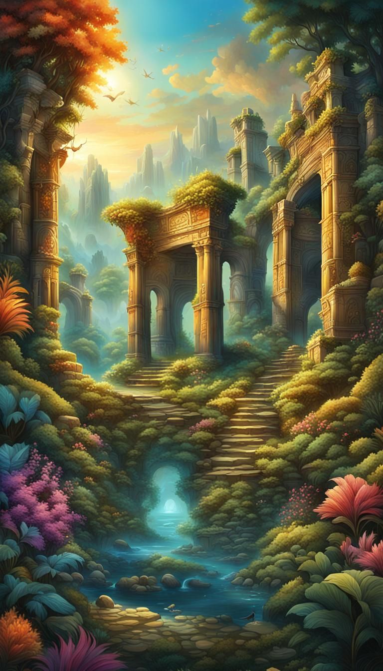 Enchanted Realm: Ancient Ruins and Glowing Flora