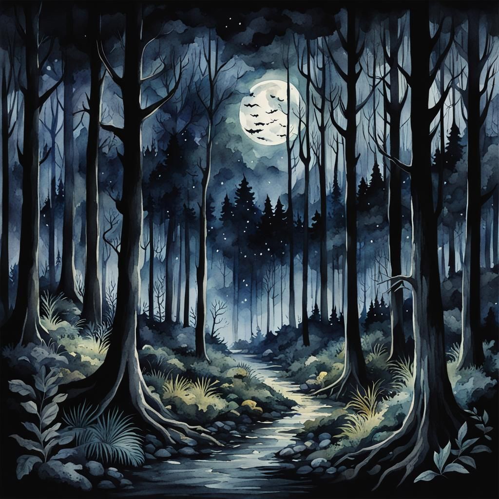 Eerie Night Forest in Moody Watercolor
