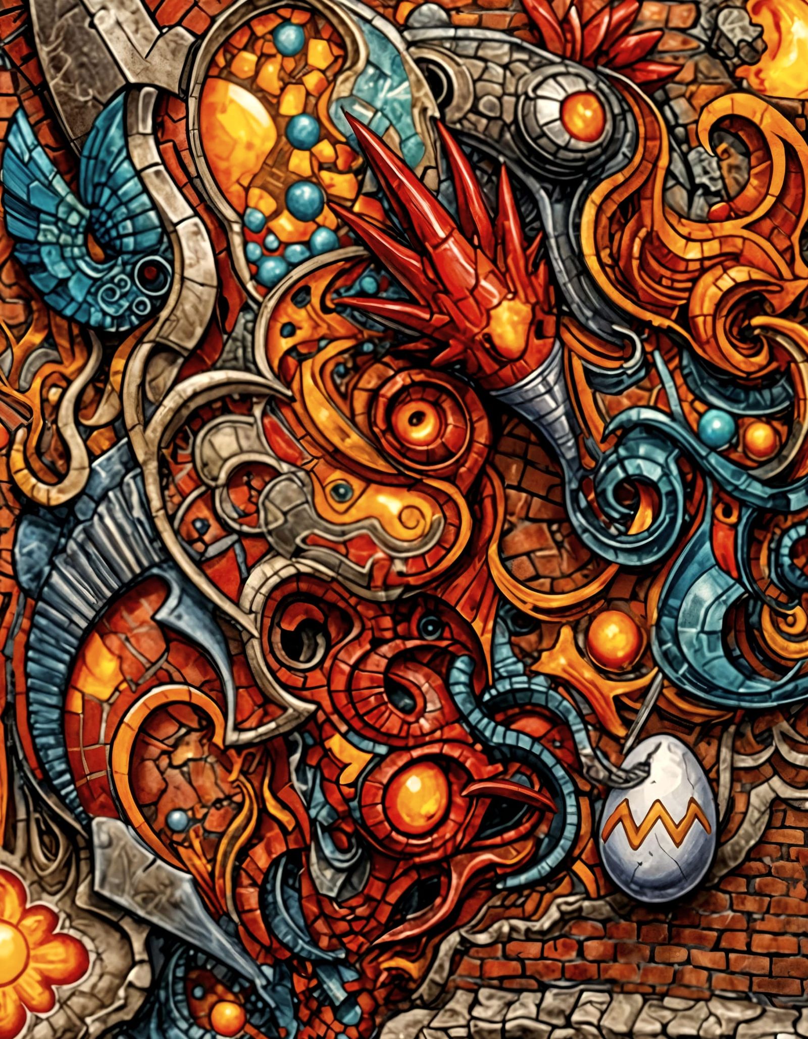 Abstract Egg-Brick Composition with Axe and Bird Elements