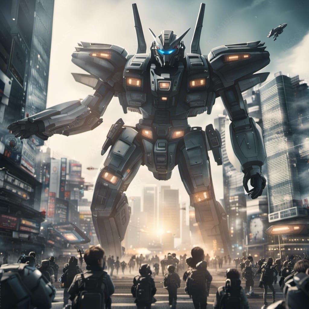 Aliens Spaceship invasion Tokyo city and Mecha defending the city