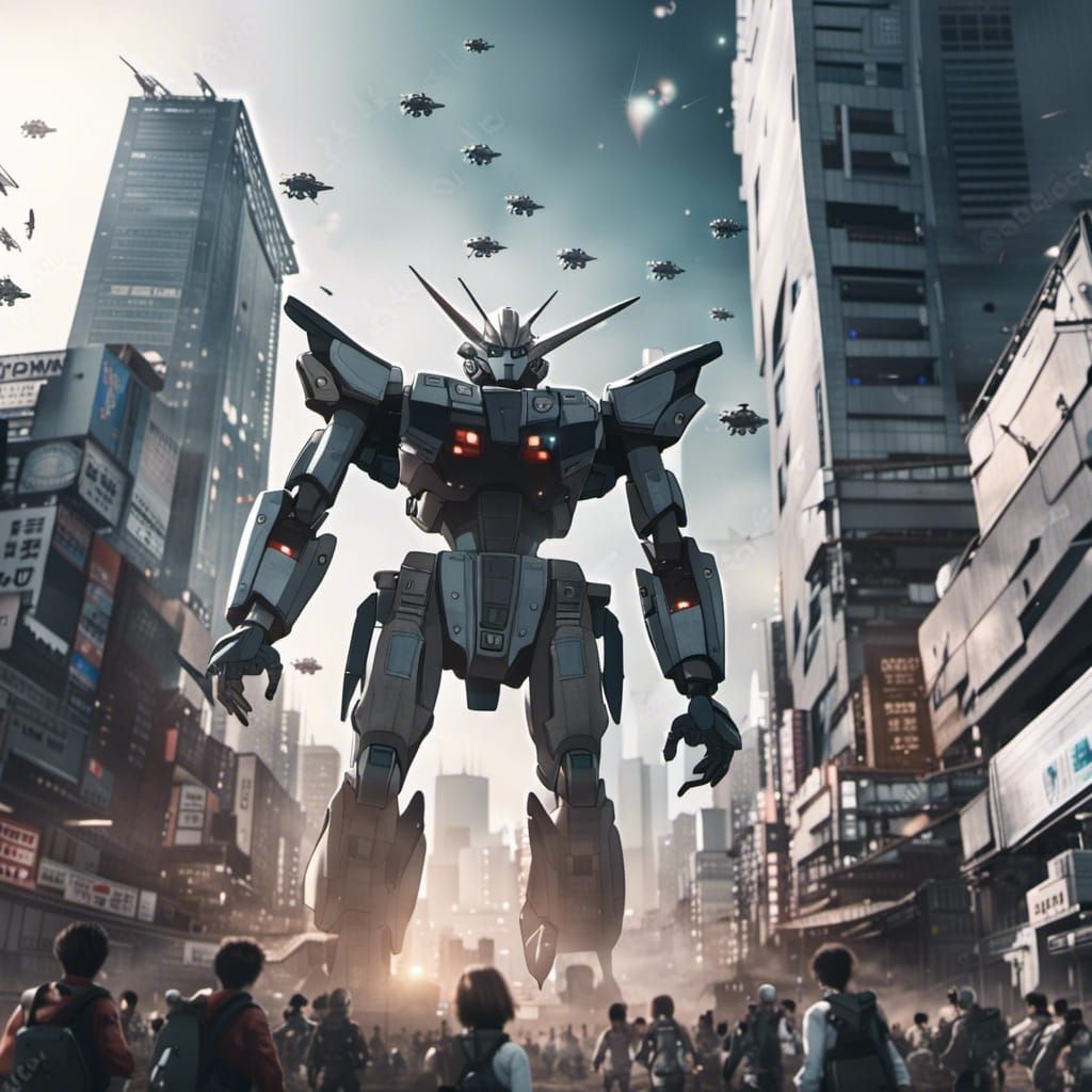 Aliens Spaceship invasion Tokyo city and Mecha defending the city