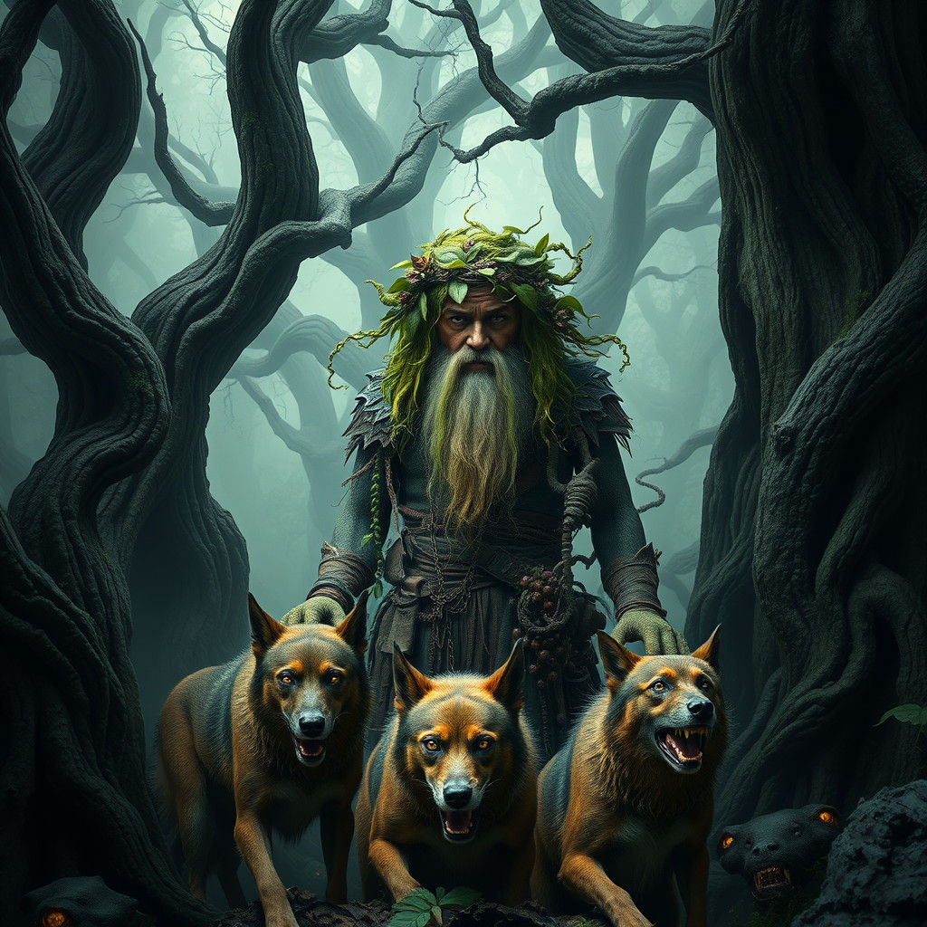 Forest God with Wild Dogs in Mystic Wood