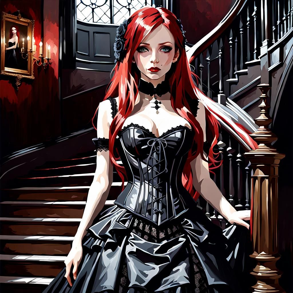 Gothic Victorian Japanese Woman Portrait in Abstract Express...