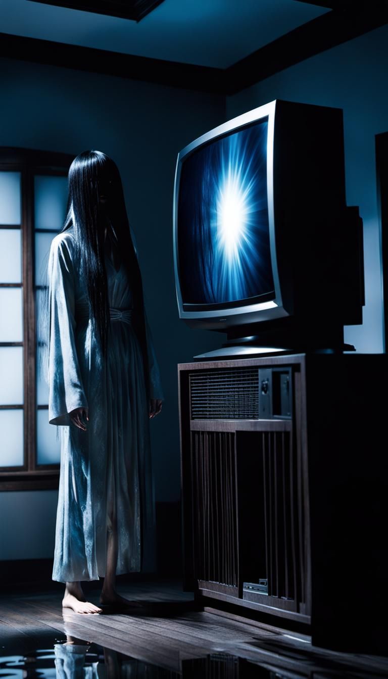 Menacing Sadako from Ringu in Backlit Horror Scene