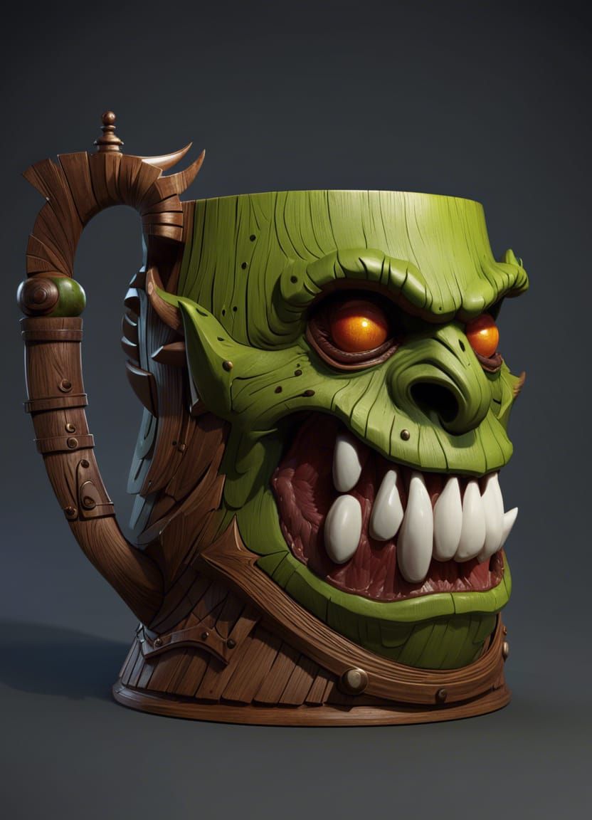 Detailed Wooden Orc Mug in Warhammer 40K Style