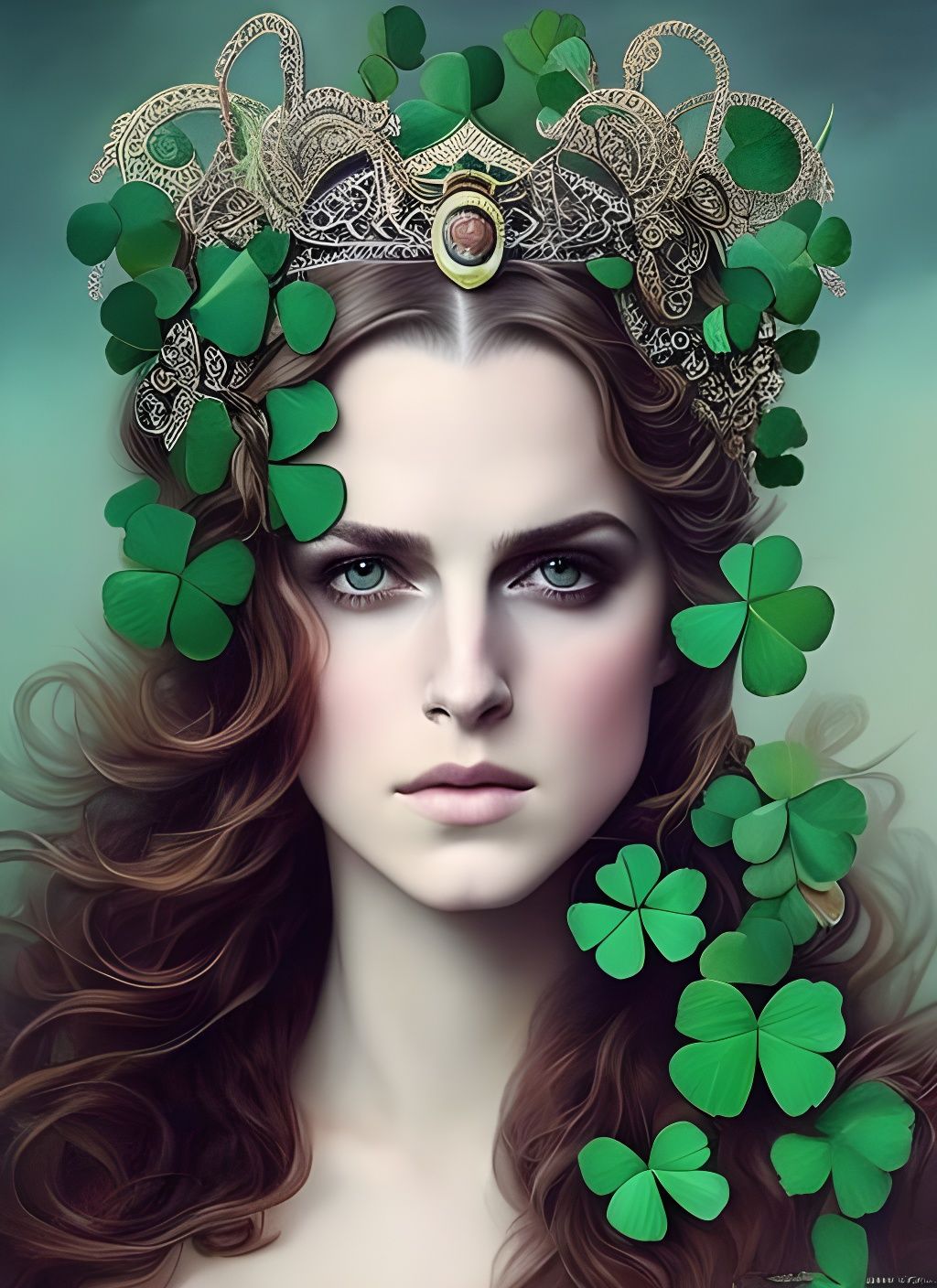 Irish Goddess with Shamrock Hair in Art Nouveau Style