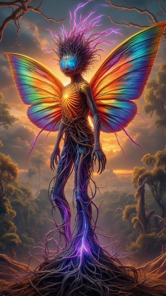 Surreal Man in Moth Costume with Lightning and Fractured Lan...