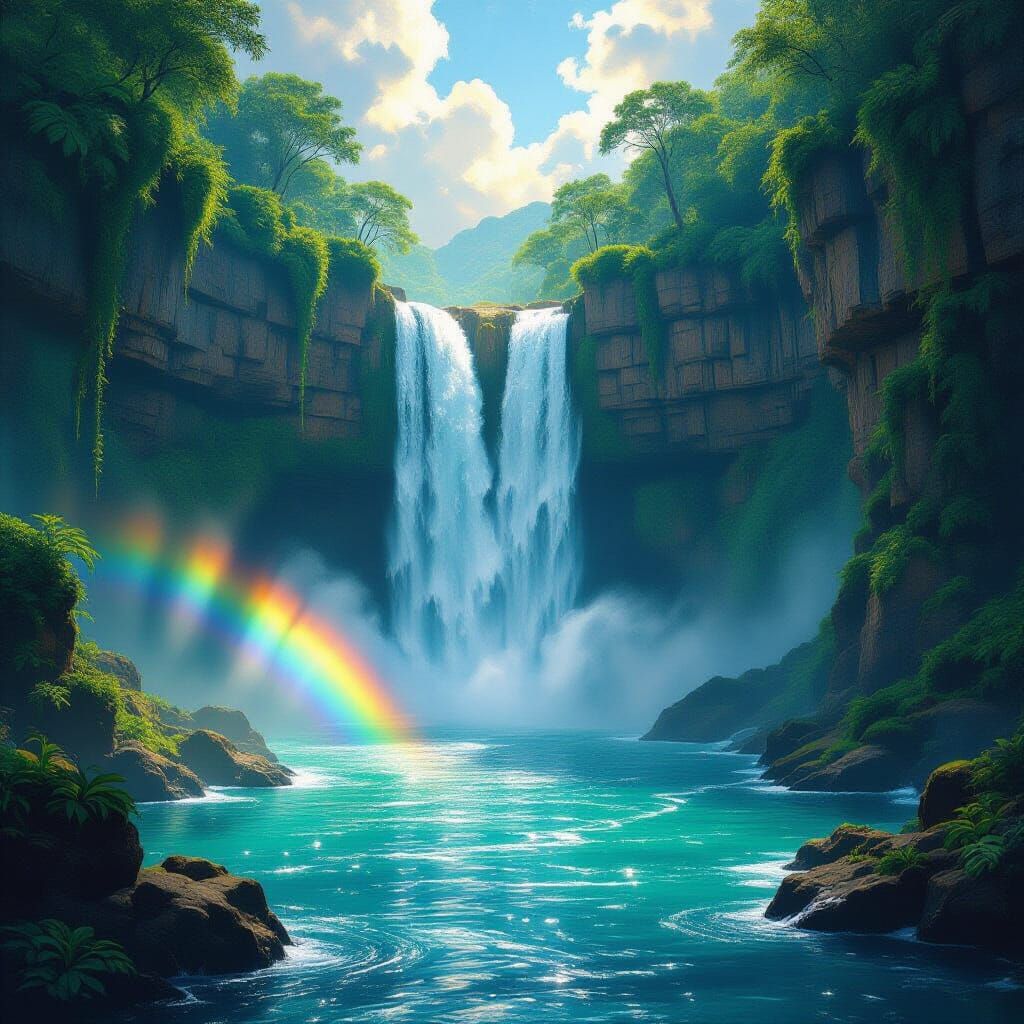 Waterfall with Rainbow in Detailed Landscape Painting