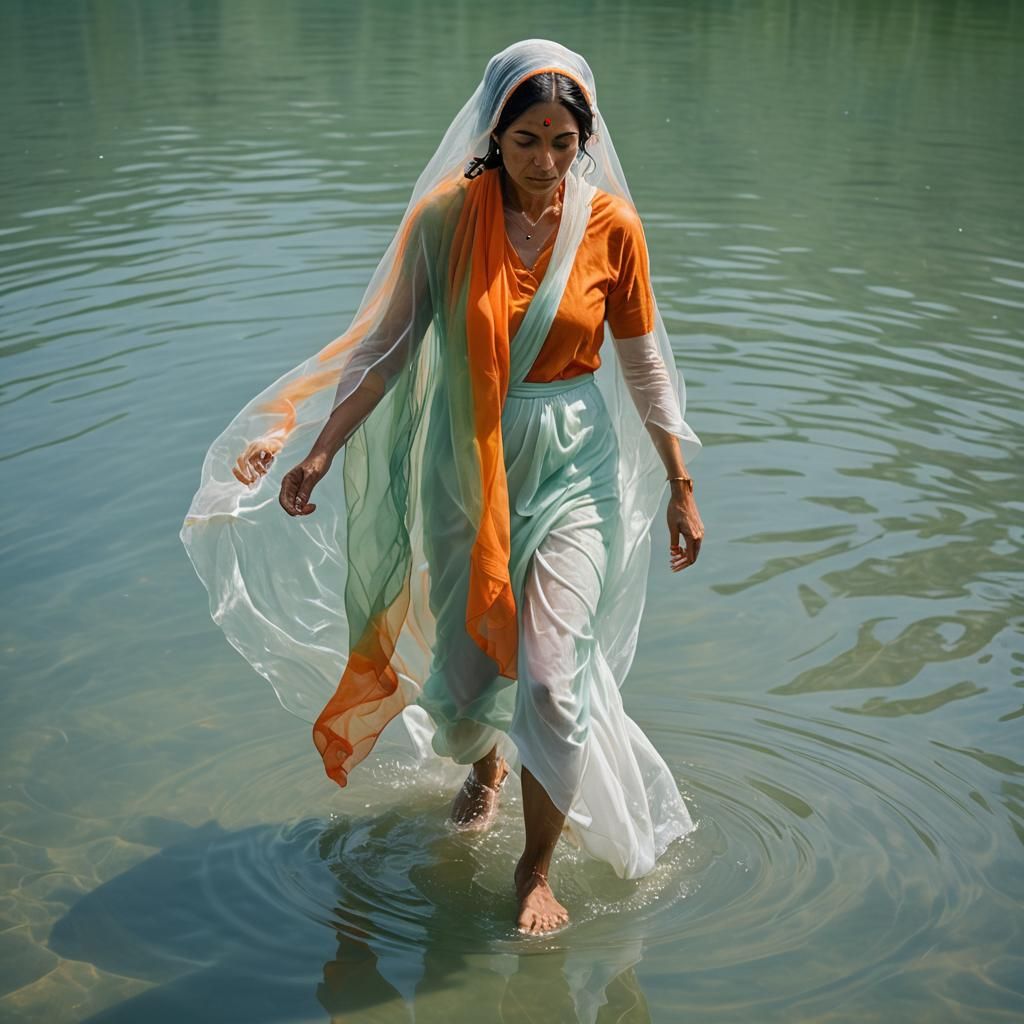 Woman in Veil Walking on Pale Blue Lake