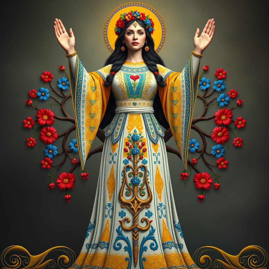 Berehynia Goddess in Traditional Embroidery Style with Ukrai...