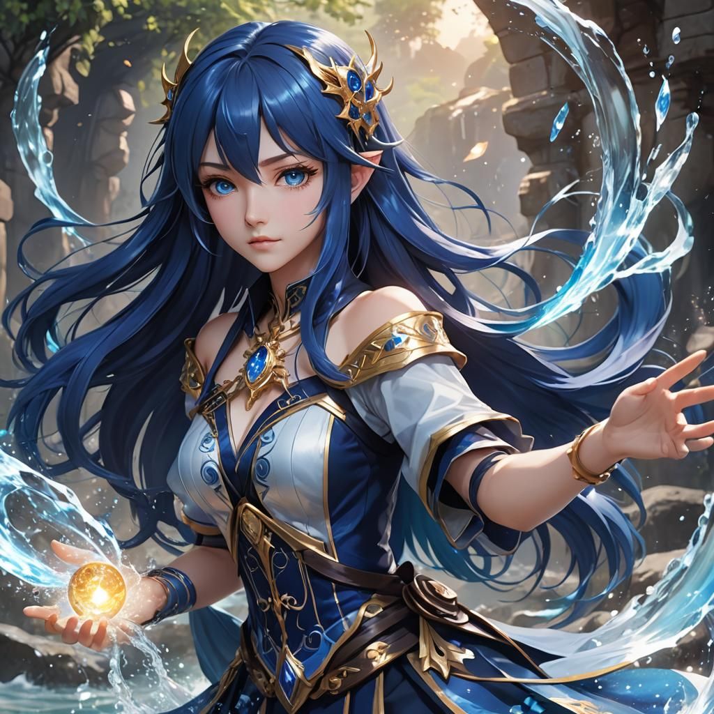 Sapphire-Eyed Water Sorceress in Anime Style