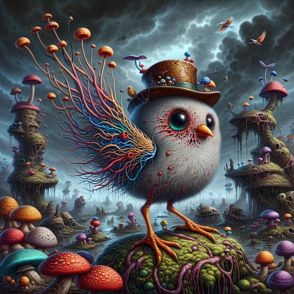 Fungal Bird Creature in Alien Landscape