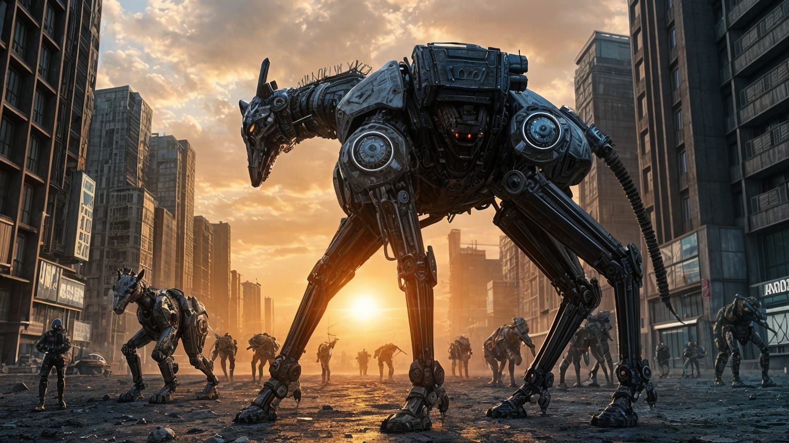 Weaponized Giraffe and Robotic Hyena in Sci-Fi Scene