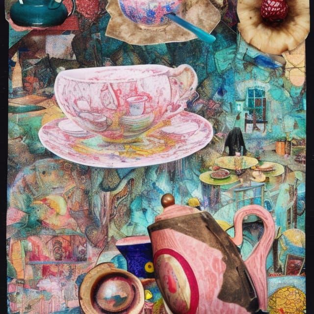 Surreal Kitchen Vintage Postcard in Mixed Media Collage