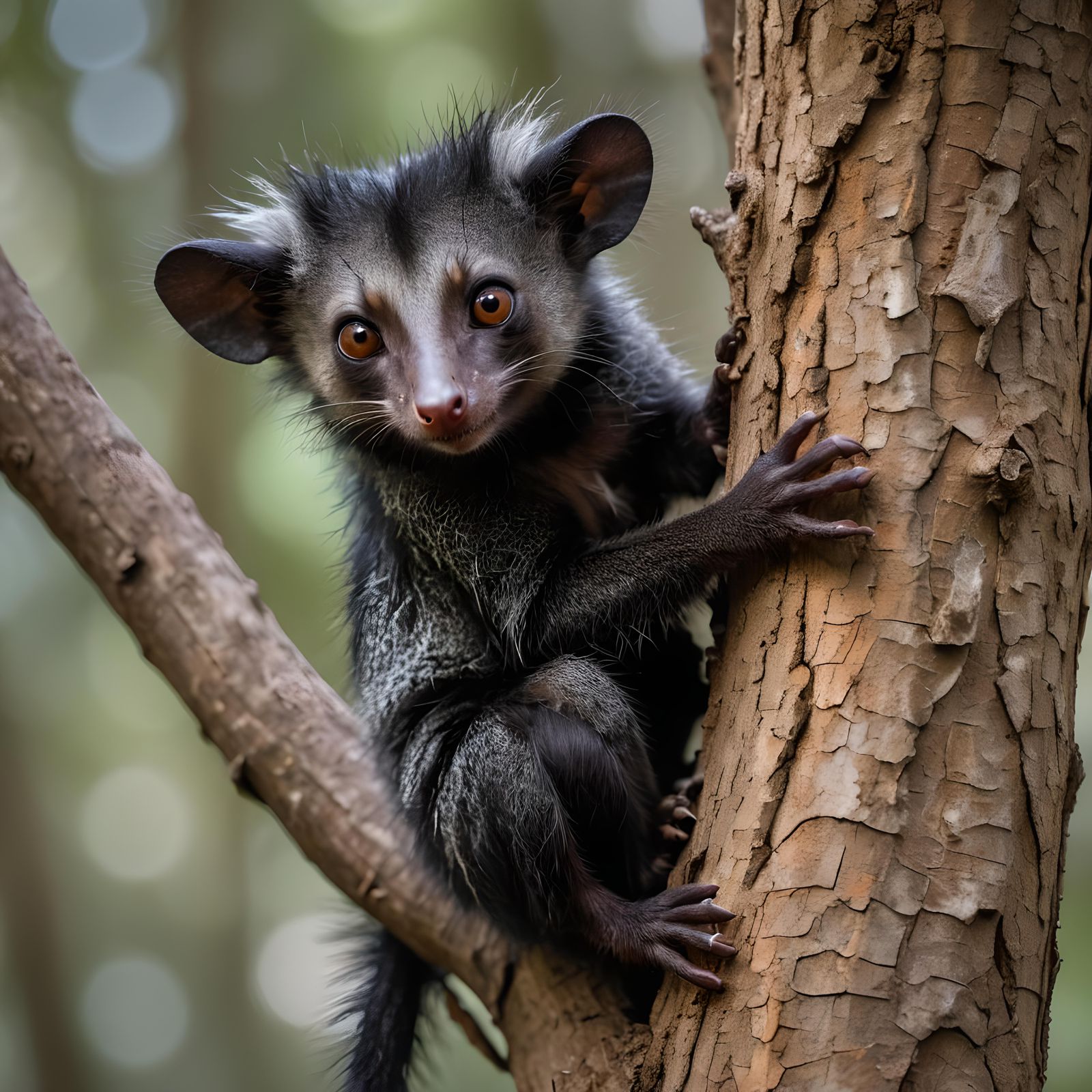 Aye-aye Grasping Tree Trunk in Natural Light