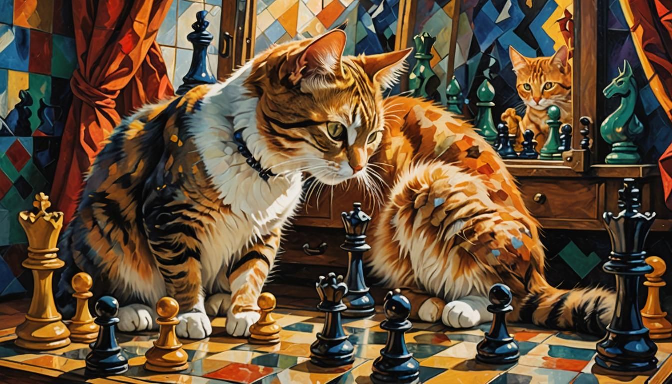 Surreal Cat Reaching from Mirror on Chessboard