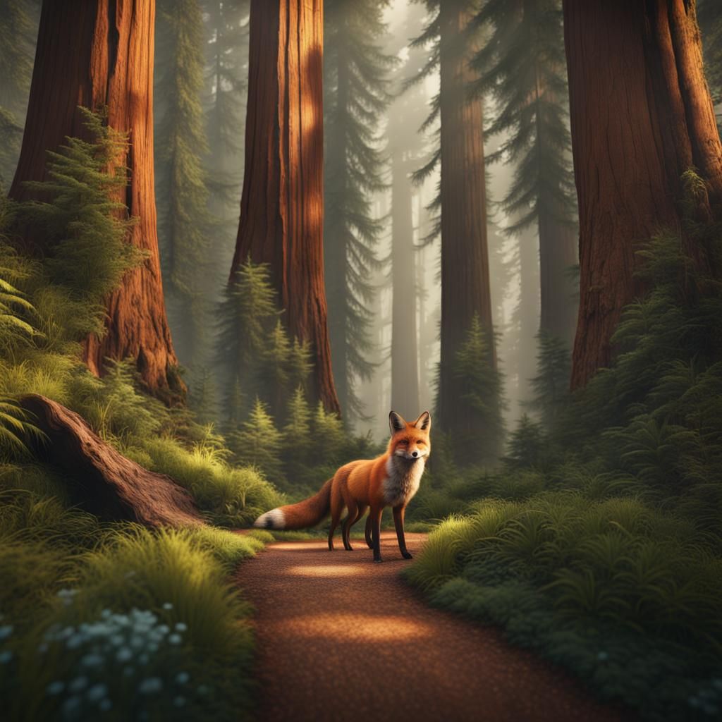 Fox on Redwood Path: Fantasy Matte Painting