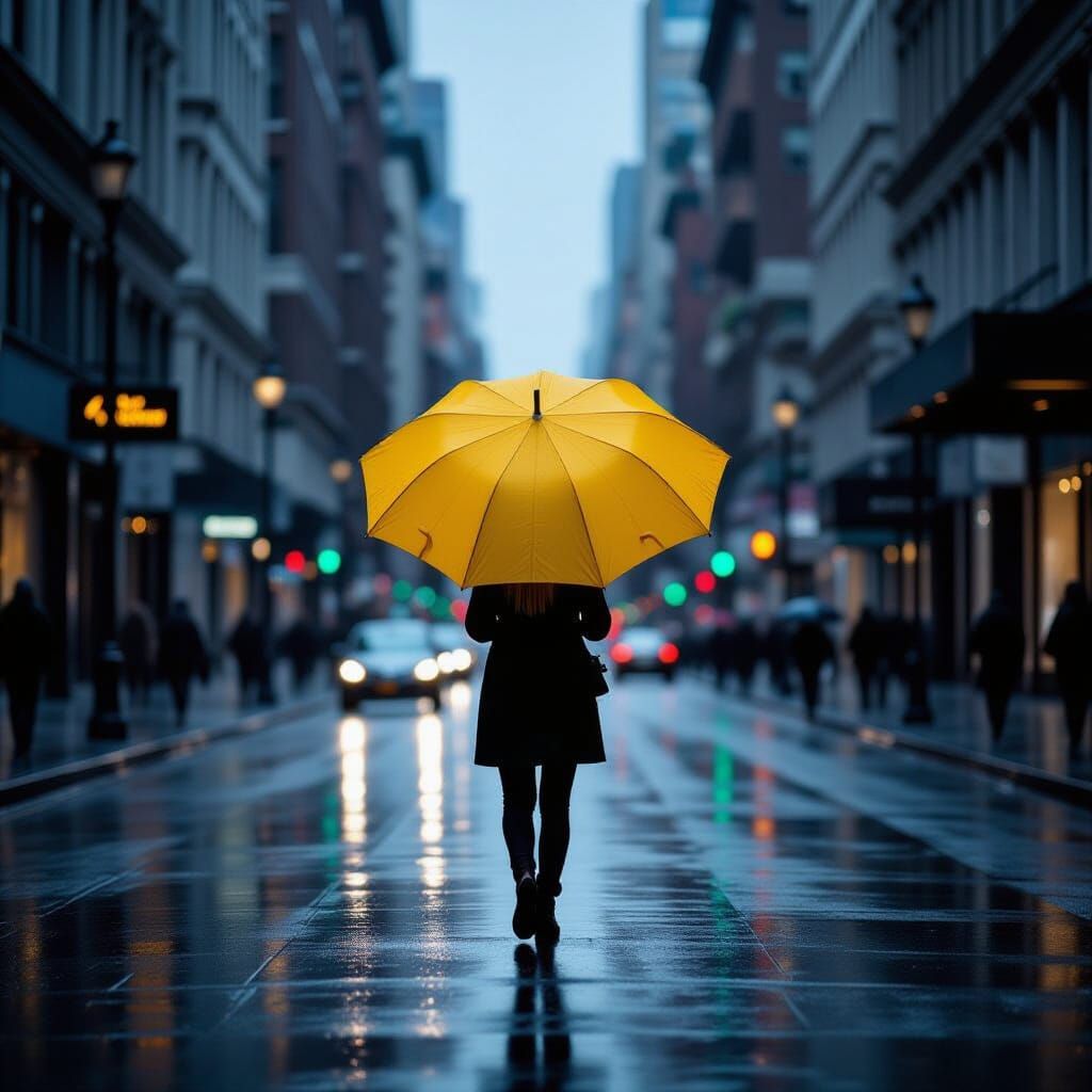 Vibrant Yellow Umbrella in Grayscale Rainy City Street