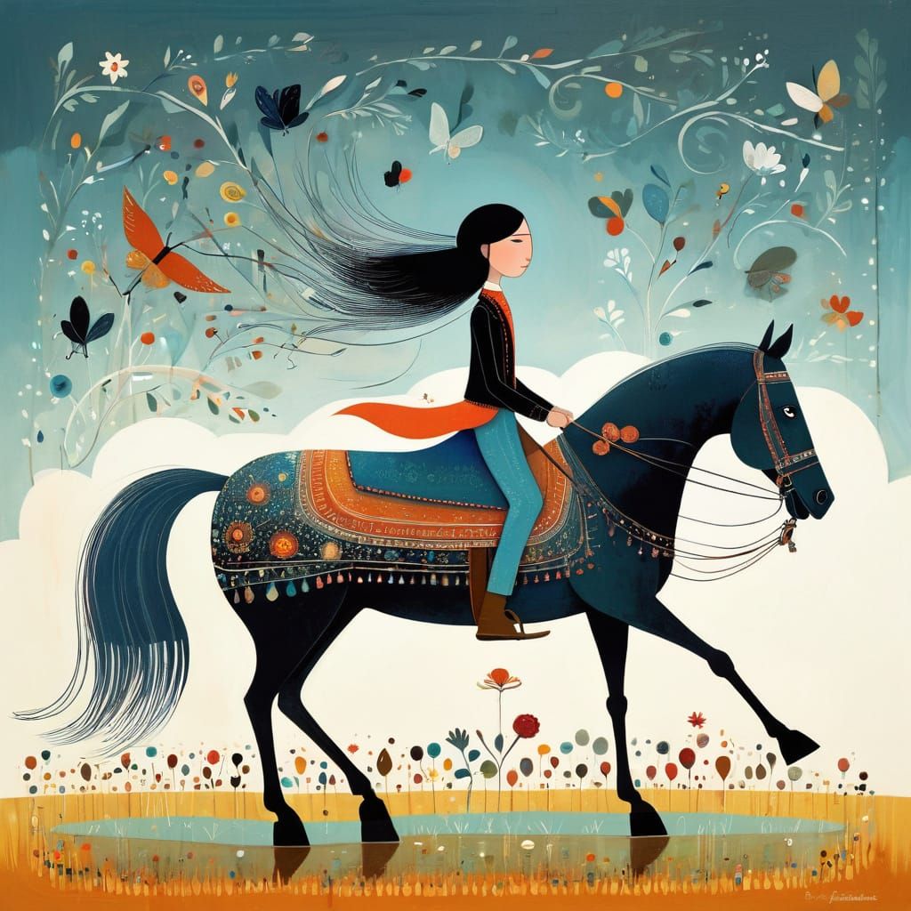 Whimsical Horse and Rider in Folk Art Style