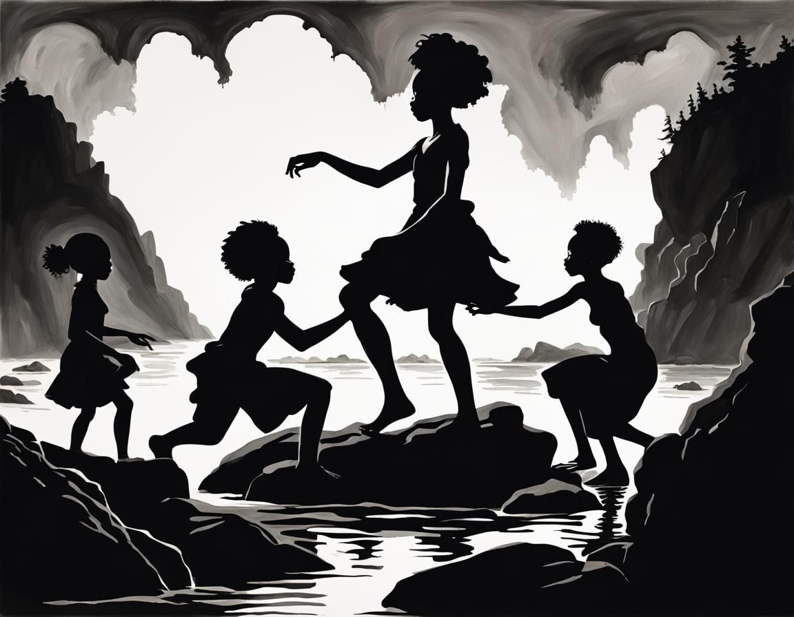 Silhouette Art of Adolescents Playing on Rocks