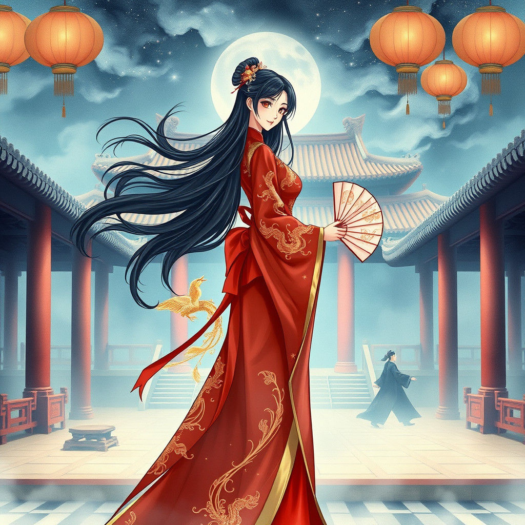 Woman in Hanfu in Royal Palace, Watercolor Style