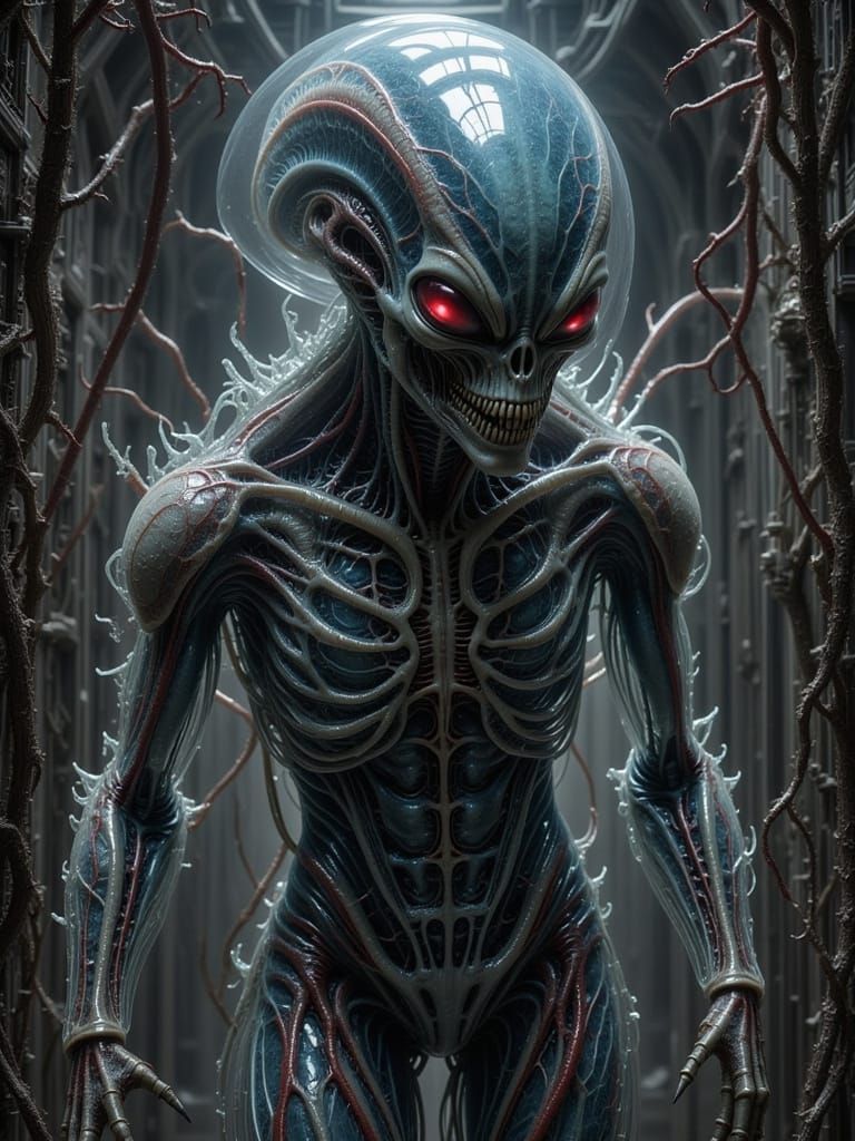 Surreal Alien Figure Dissolving into Shadow and Crystal