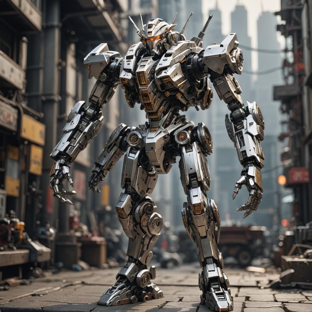 Posable Steel Mecha Toy with Cinematic Background