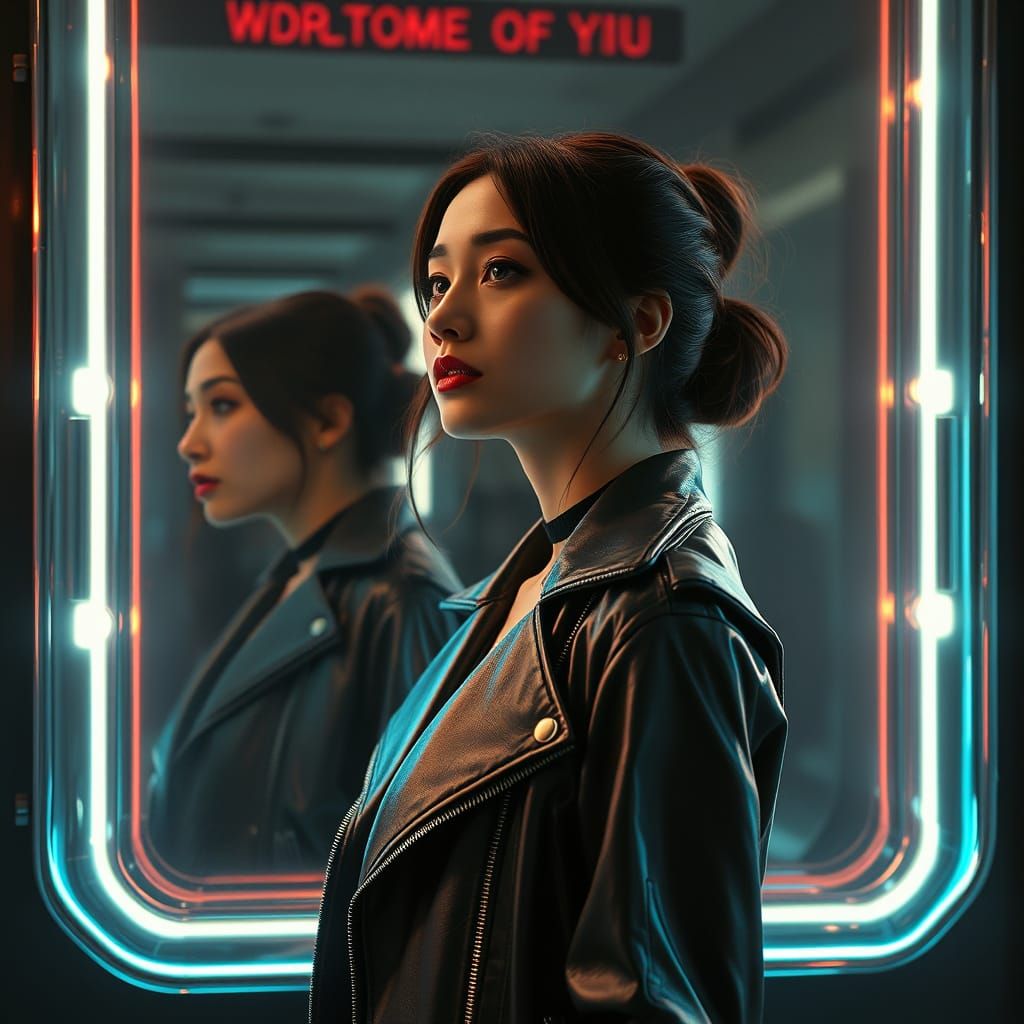 Cyberpunk Woman Contemplates in Chrome Mirror