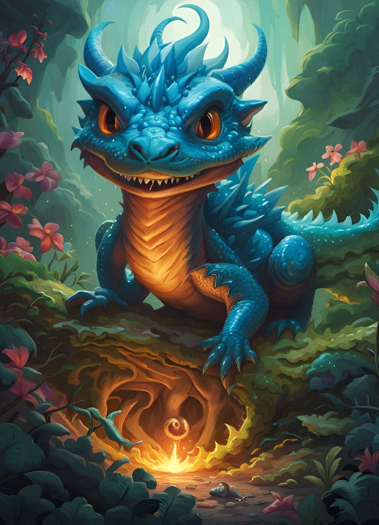 Bioluminescent Cerulean Dragon Portrait in Chibi Style