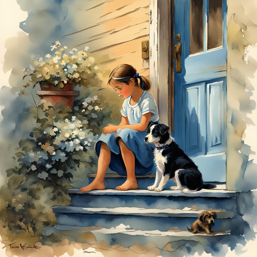 Young Girl and Dog in Dreamy Vintage Setting