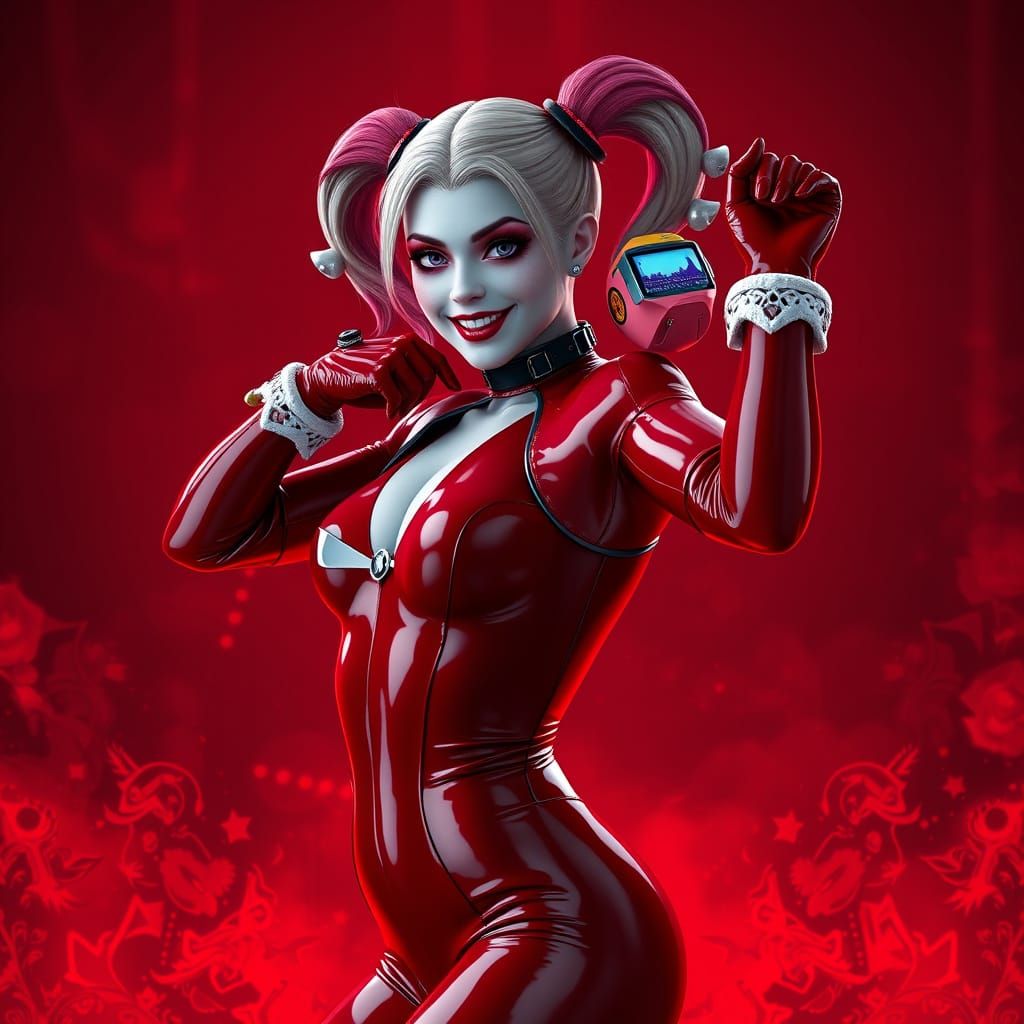 Fantastical Harley Quinn in Red Latex Bodysuit Against Fiery...