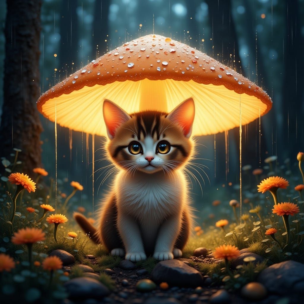 Kitten Under Glowing Mushroom in Whimsical Fantasy Rain