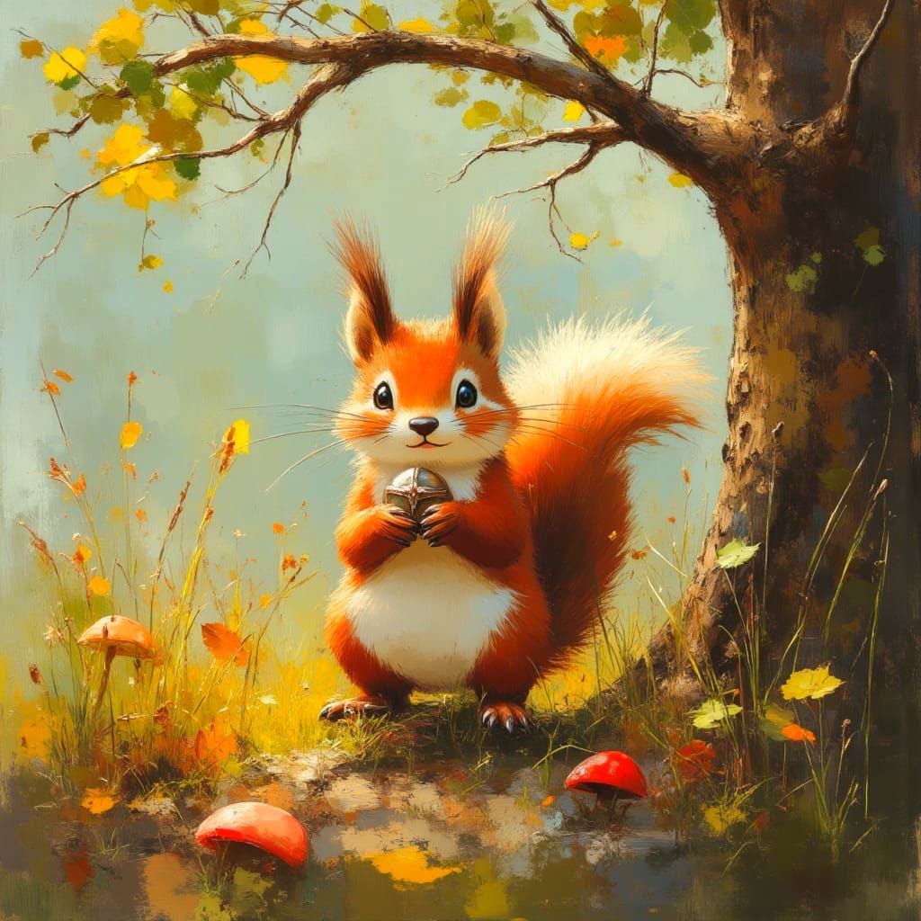 Squirrel Stealing Trinket in Whimsical Forest Illustration