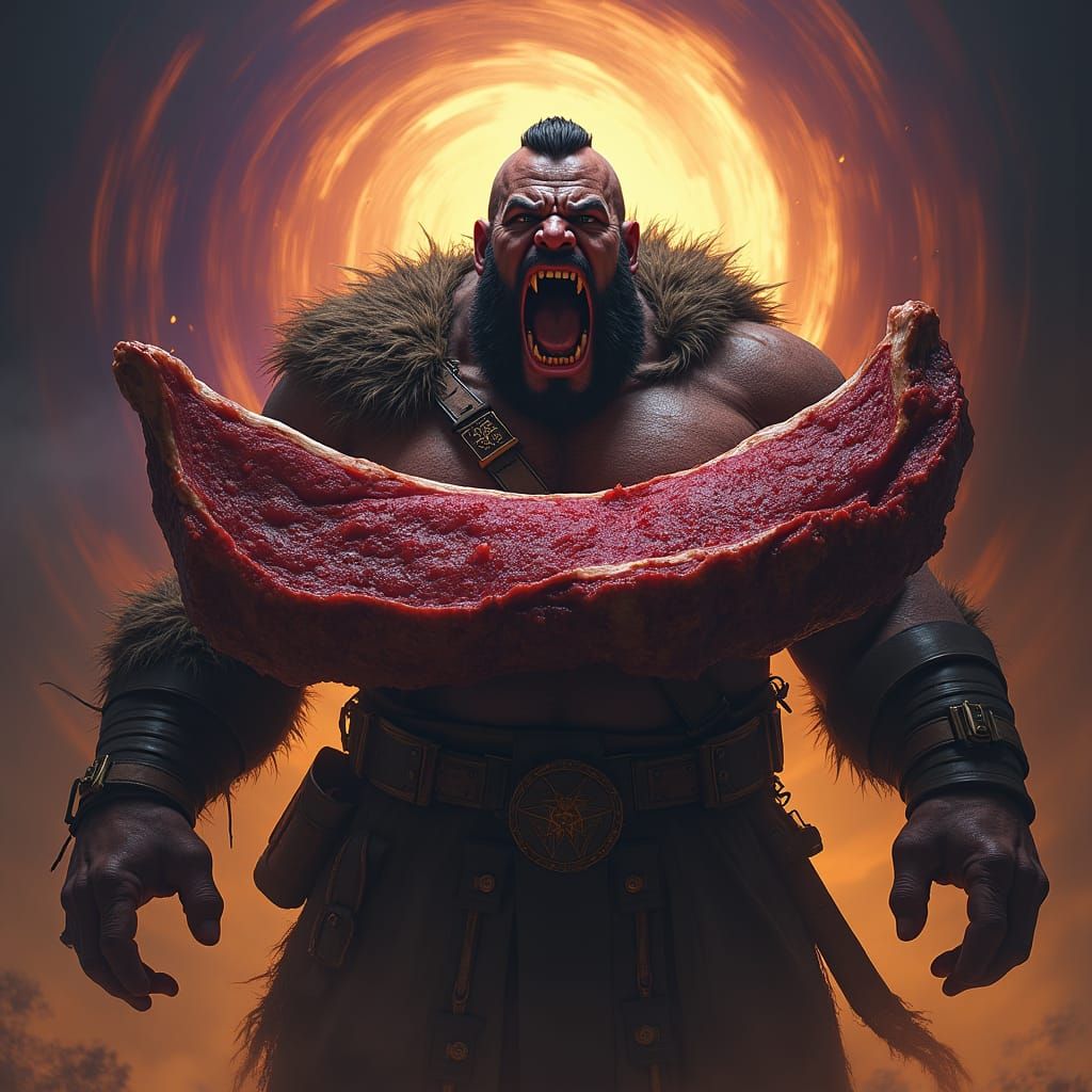 Colossal Man Devouring Steak in Mystical Setting