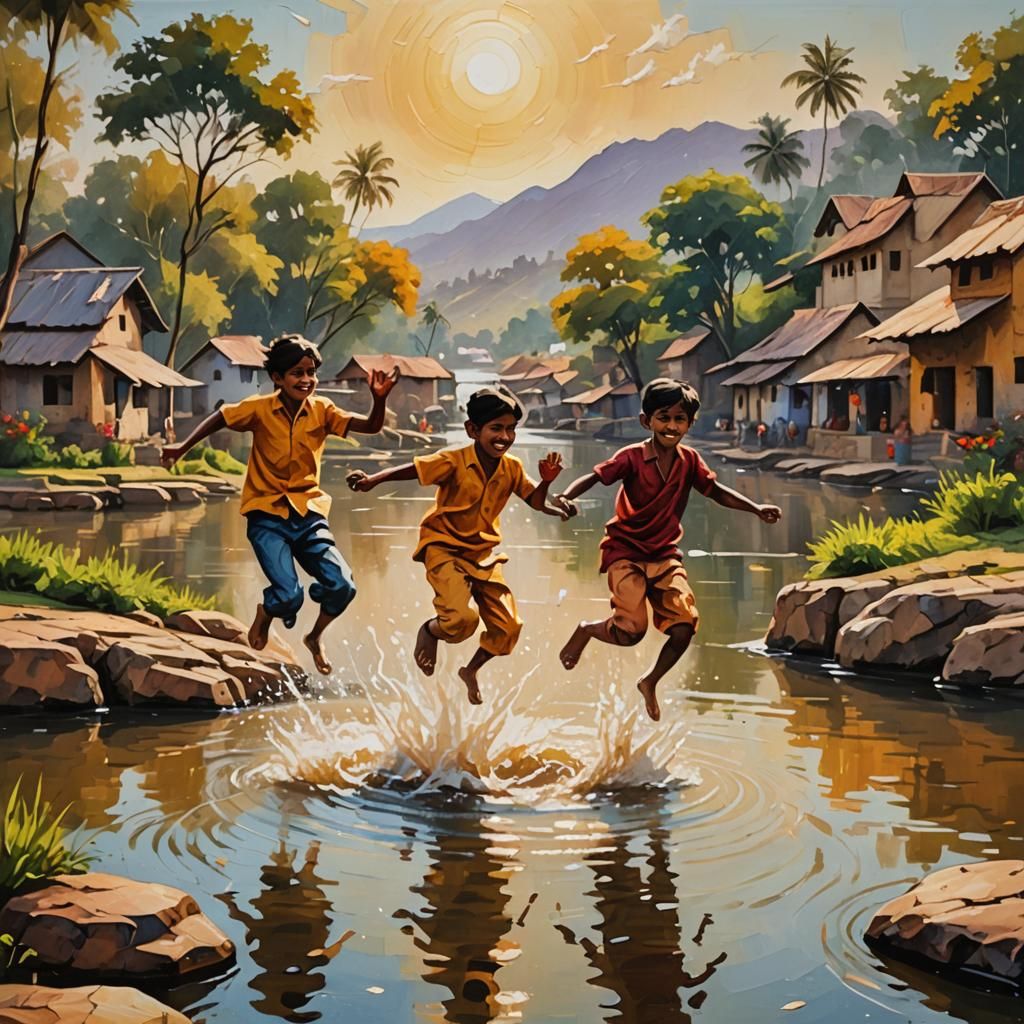 Indian Children Playing in Lake, Vibrant Folk Art