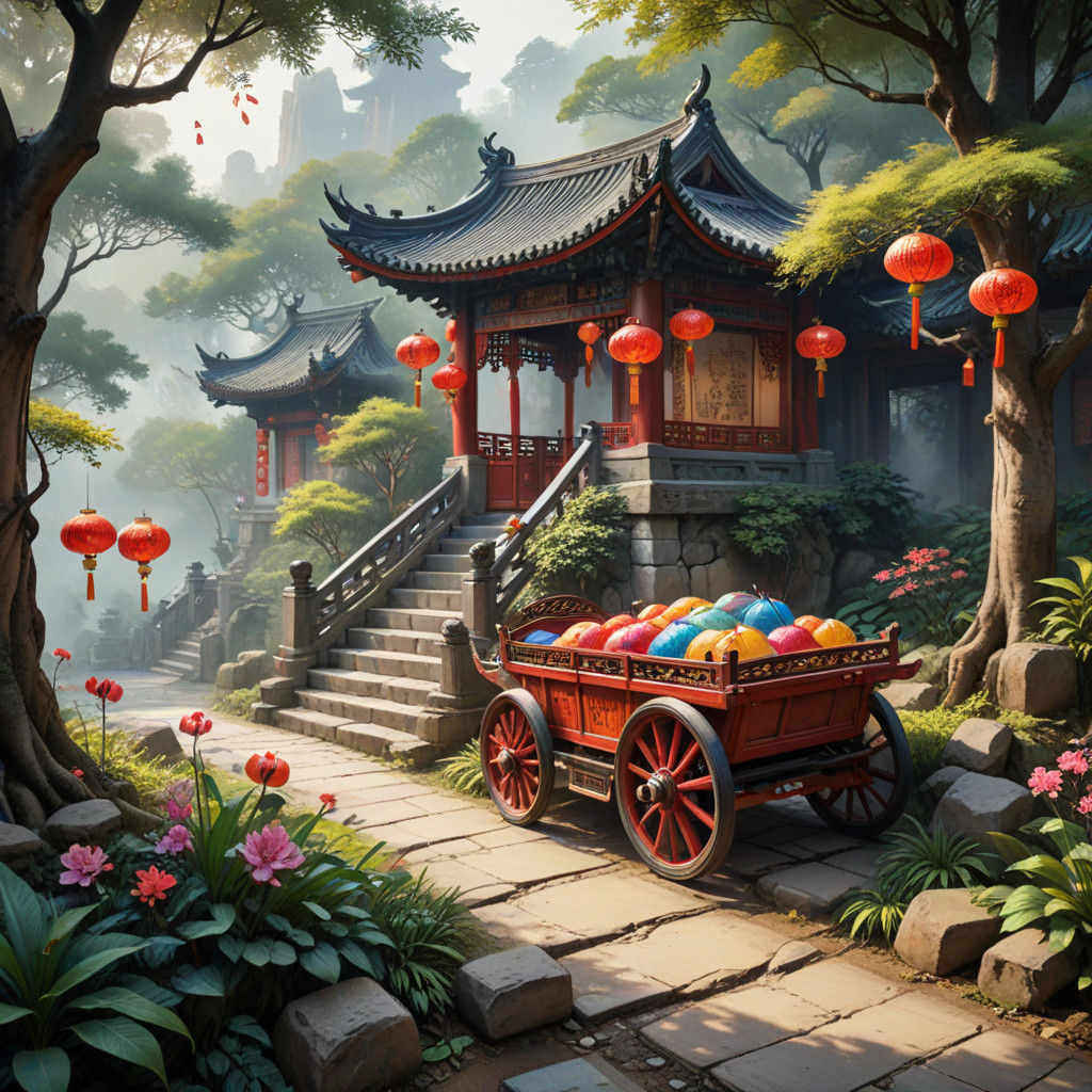 Lush Wuxia Market Scene in Traditional Chinese Artwork