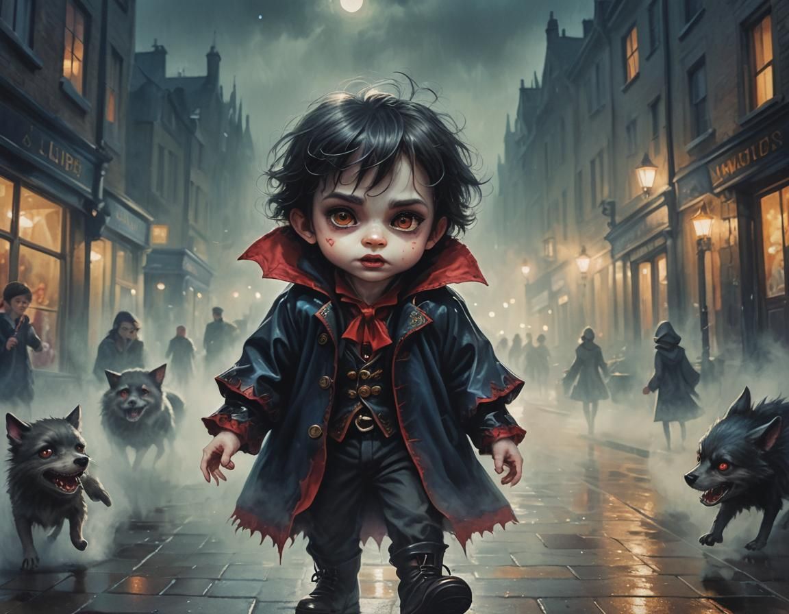 Surreal Chibi Vampire and Werewolf in London