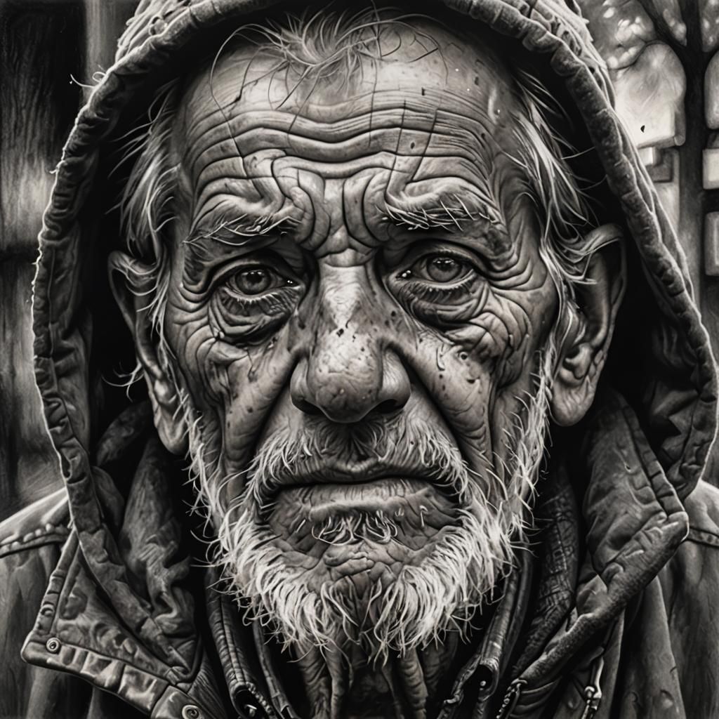 Monochromatic Charcoal Portrait of a Homeless Man