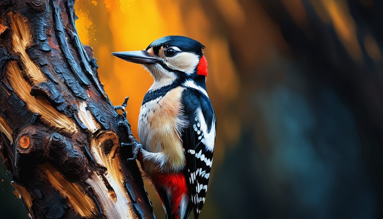 Great Spotted Woodpecker with Ink Splashes, Digital Oil Pain...