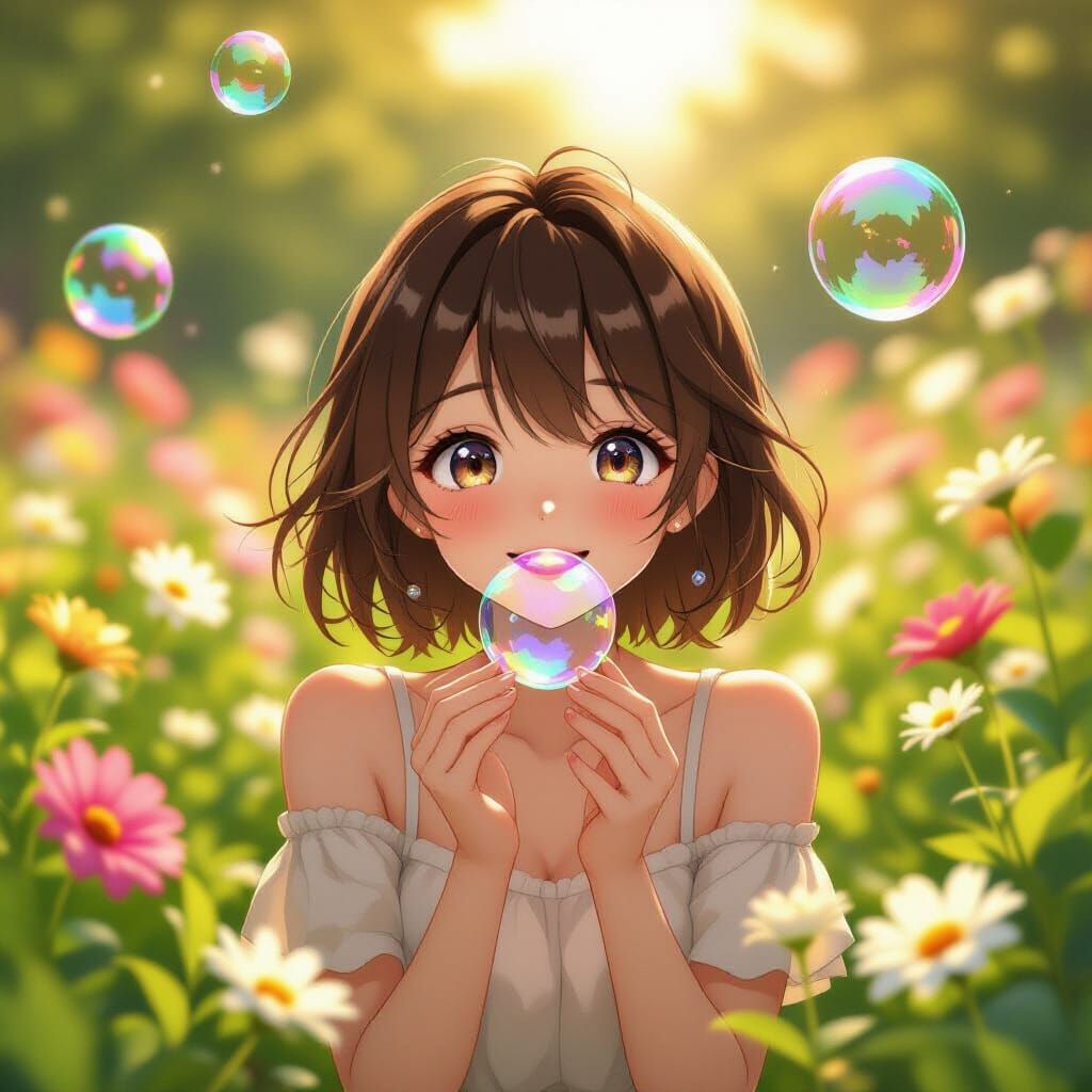 Cute Anime Girl Blowing Bubbles in a Blooming Garden