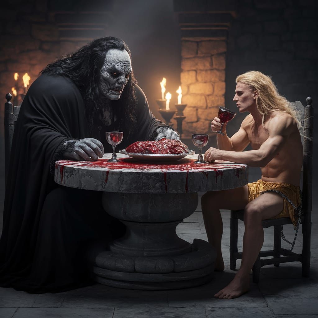 Dark Lord Sits at Banquet with Chained Companion in Medieval...