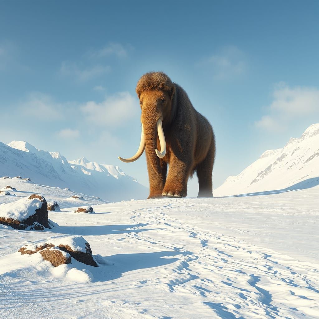 Woolly Mammoth in Snowy Valley: Photorealistic Wildlife