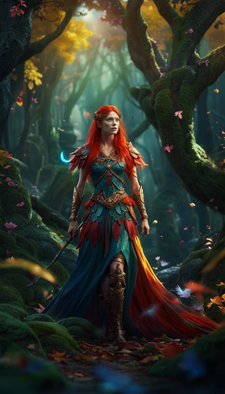 Redhead Fairy in Enchanted Forest, Digital Art