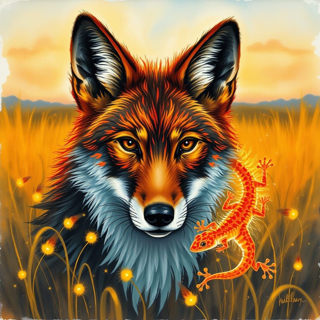 Golden Coyote in Distressed Watercolor Style