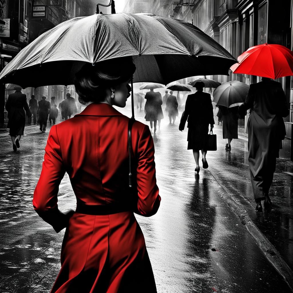 Vibrant Red Umbrella in Black and White Cityscape