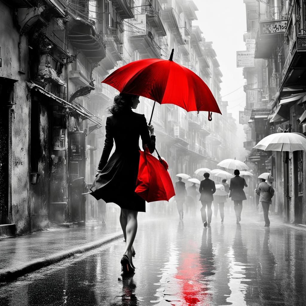 Striking Red Umbrella in Black and White Town