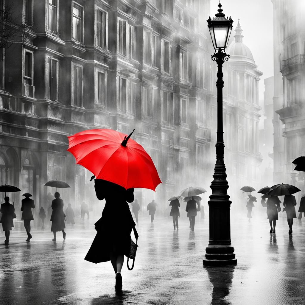 Color Splash: Red Umbrella in Black and White Town