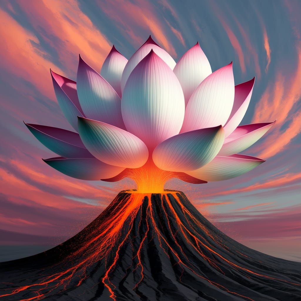 Surreal Lotus Emerges from Volcanic Mouth in Warm, Pastel Hu...