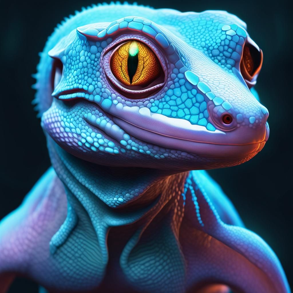 Bioluminescent Demonic Gecko Portrait in Art Nouveau Style
