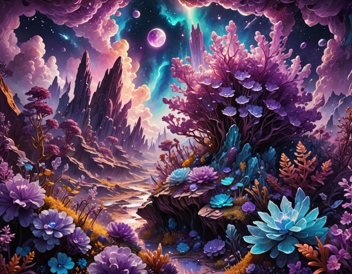 Amethyst Crystal Garden on Alien Planet: Cosmic Illustration
